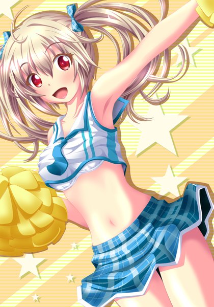 Anime picture 1091x1560 with original neats (artist) single long hair tall image blush open mouth light erotic red eyes twintails silver hair cheerleader girl skirt navel