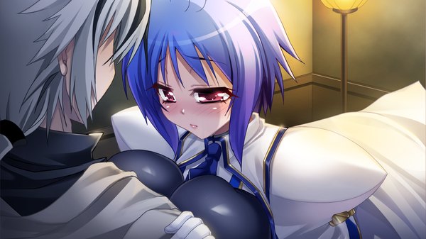 Anime picture 1280x720 with sangoku hime unicorn-a blush short hair light erotic red eyes wide image blue hair game cg white hair girl boy