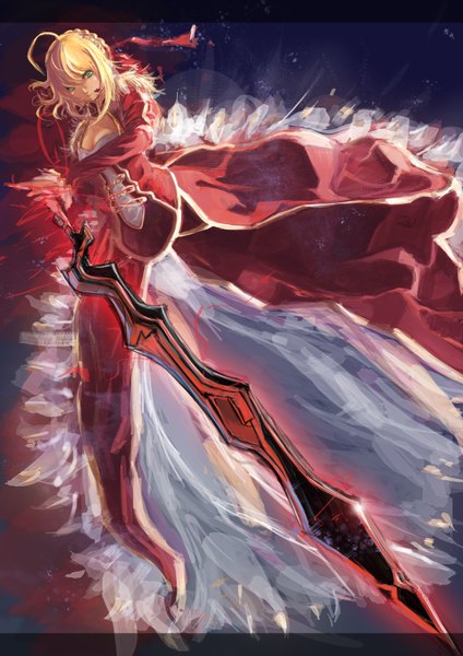 Anime picture 2480x3507 with fate (series) fate/stay night fate/zero studio deen type-moon artoria pendragon (all) saber nero claudius (fate) (all) nero claudius (fate) lvcong (artist) single tall image looking at viewer fringe highres breasts light erotic blonde hair green eyes cleavage