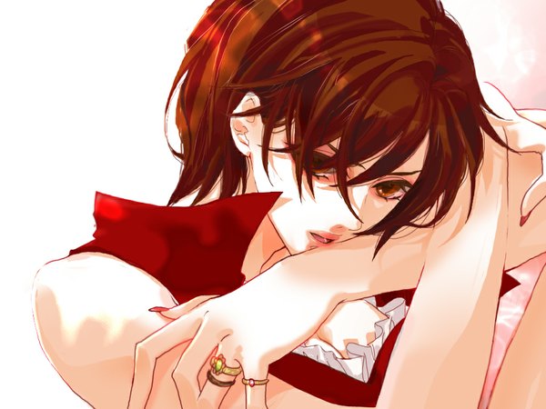 Anime picture 1024x768 with vocaloid meiko caracoro single brown hair brown eyes nail polish lips girl jewelry ring