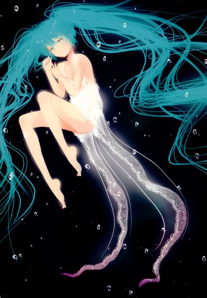 Anime picture 1724x2472 with vocaloid hatsune miku noes single long hair tall image highres twintails bare shoulders very long hair barefoot aqua eyes scan legs underwater embryo's pose girl dress skirt white dress