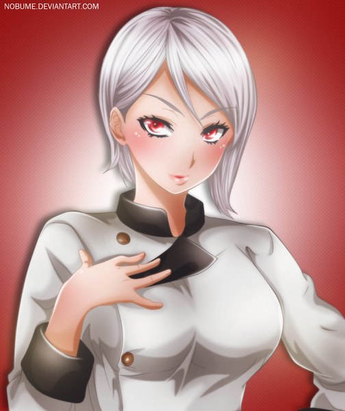 Anime picture 1259x1500 with shokugeki no soma j.c. staff nakiri alice nobume single tall image looking at viewer blush short hair breasts simple background red eyes large breasts silver hair red background chef girl uniform