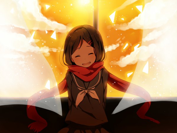 Anime picture 1685x1264 with kagerou project shaft (studio) loss time memory (vocaloid) tateyama ayano ebo single long hair open mouth brown hair cloud (clouds) eyes closed wind glowing happy hands behind back girl hair ornament shirt window scarf