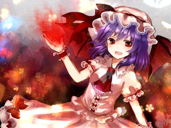 Anime picture 1111x833 with touhou remilia scarlet shromann (artist) single short hair open mouth red eyes purple hair magic girl dress wings bonnet