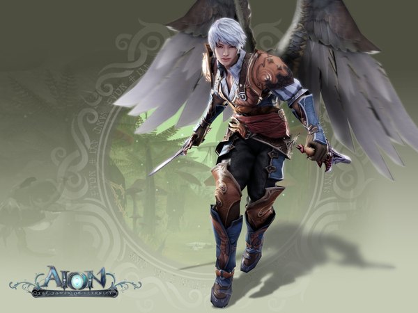 Anime picture 4200x3150 with aion highres absurdres white hair official art leather boy wings armor knife