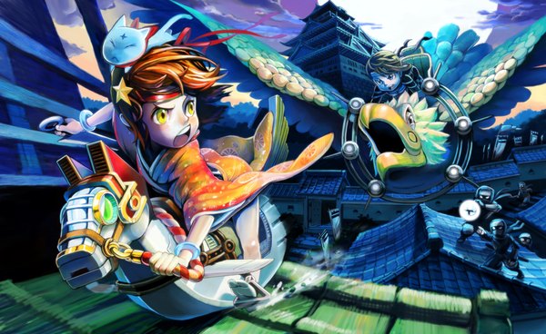 Anime picture 1630x1000 with kousaku blush short hair open mouth blue eyes wide image yellow eyes sky cloud (clouds) traditional clothes japanese clothes looking back green hair orange hair night multiple boys night sky group flying pointing