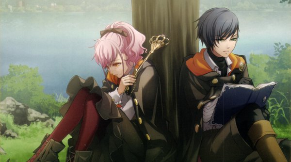 Anime picture 1849x1031 with wand of fortune idea factory lulu (wand of fortune) est rinaudo highres wide image green eyes yellow eyes pink hair scan couple plant (plants) tree (trees) book (books)