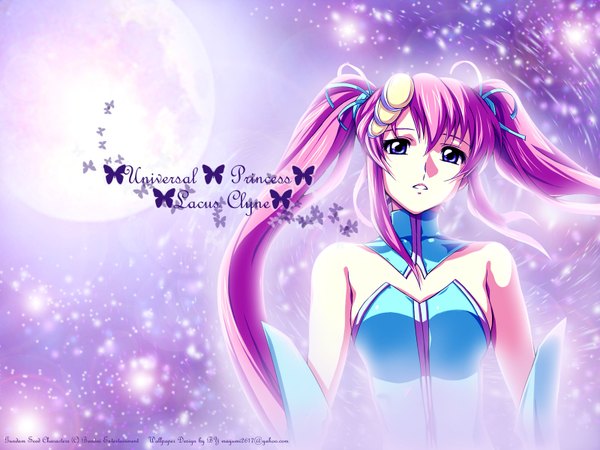 Anime picture 1600x1200 with gundam seed lacus clyne zundarepon single long hair blue eyes twintails bare shoulders pink hair inscription wallpaper purple background girl dress hair ornament detached sleeves hairclip insect butterfly full moon