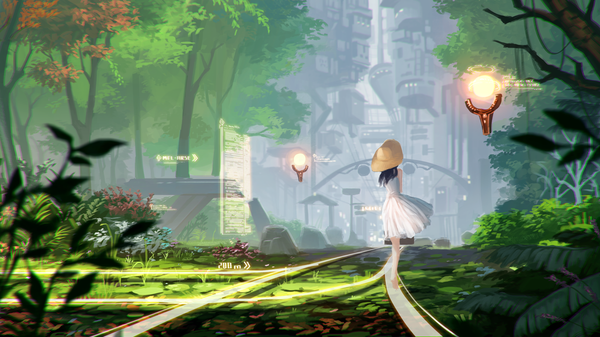 Anime picture 1200x675 with original penguin frontier single short hair black hair wide image back city landscape alternate age girl dress plant (plants) hat tree (trees) white dress leaf (leaves) grass branch straw hat