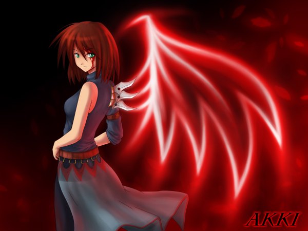 Anime picture 2500x1875 with original atomix single highres short hair simple background bare shoulders green eyes red hair light girl dress wings blood