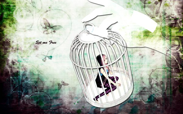 Anime picture 1280x800 with vocaloid megurine luka long hair blue eyes wide image bare shoulders pink hair girl hood insect butterfly cage