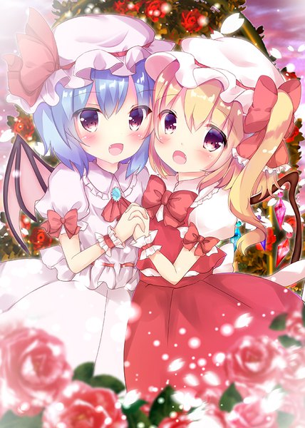Anime picture 600x840 with touhou flandre scarlet remilia scarlet rikatan tall image looking at viewer blush fringe short hair open mouth blonde hair smile hair between eyes purple eyes multiple girls blue hair :d short sleeves fang (fangs) puffy sleeves