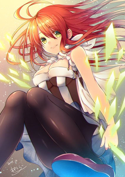 Anime picture 835x1181 with original azu torako single long hair tall image looking at viewer blush fringe breasts open mouth light erotic hair between eyes signed yellow eyes cleavage ahoge bent knee (knees) parted lips orange hair sleeveless