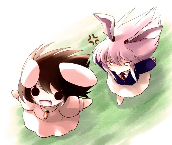 Anime picture 1450x1225 with touhou reisen udongein inaba inaba tewi yume shokunin long hair brown hair multiple girls animal ears purple hair bunny ears bunny girl chibi anger vein o o solid eyes girl 2 girls vegetables carrot