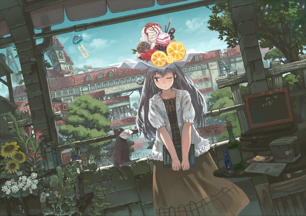 Anime picture 2480x1753 with original imoman (artist) long hair highres green eyes sky cloud (clouds) one eye closed grey hair wink city girl flower (flowers) plant (plants) tree (trees) food sweets book (books) cat fruit