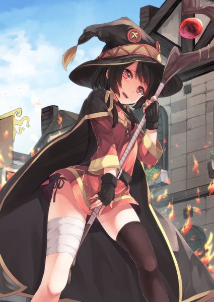 Anime picture 978x1381 with kono subarashii sekai ni shukufuku wo! studio deen megumin saraki single tall image looking at viewer short hair open mouth light erotic black hair red eyes girl thighhighs dress black thighhighs hat bandage (bandages) witch hat staff