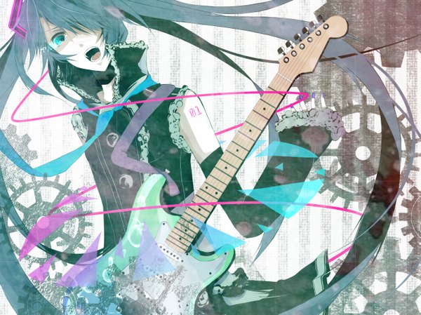 Anime picture 1317x987 with vocaloid hatsune miku long hair fringe open mouth black hair twintails green eyes hair over one eye screaming girl detached sleeves choker necktie musical instrument guitar gears