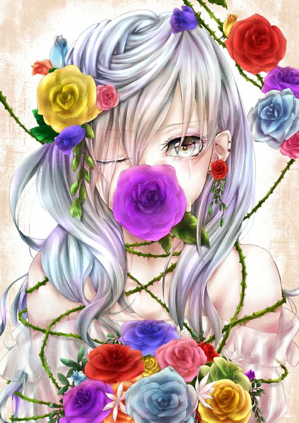 Anime picture 706x1000 with original tatsuki single tall image looking at viewer fringe simple background cleavage white hair hair flower crying multicolored eyes girl dress hair ornament flower (flowers) earrings white dress rose (roses) blue rose