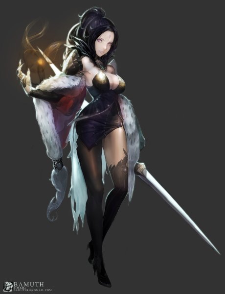 Anime picture 920x1200 with original pixiv fantasia pixiv fantasia fallen kings bamuth single long hair tall image looking at viewer breasts black hair large breasts standing purple eyes bare shoulders cleavage armpit (armpits) legs magic facial mark glowing