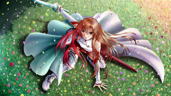 Anime picture 1920x1080 with sword art online a-1 pictures yuuki asuna ilolamai single long hair highres open mouth brown hair wide image brown eyes red hair pleated skirt multicolored hair from above girl flower (flowers) weapon detached sleeves petals