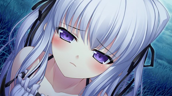 Anime picture 1280x720 with sangoku hime unicorn-a long hair wide image purple eyes game cg white hair loli girl ribbon (ribbons) hair ribbon