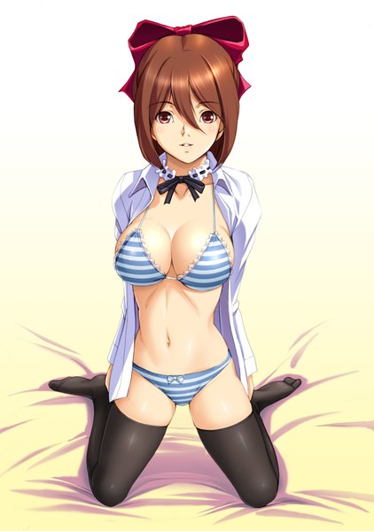 Anime picture 2425x3445 with original dragon@harry single tall image highres short hair light erotic simple background red eyes brown hair white background girl thighhighs navel underwear panties bow black thighhighs hair bow striped bikini