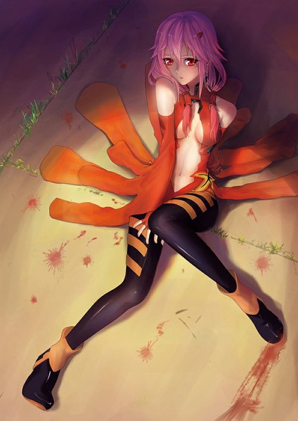 Anime picture 800x1132 with guilty crown production i.g yuzuriha inori exxe (artist) single long hair tall image looking at viewer breasts light erotic red eyes sitting pink hair bent knee (knees) from above midriff center opening girl thighhighs navel