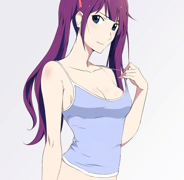 Anime picture 1102x1080 with bakemonogatari shaft (studio) monogatari (series) senjougahara hitagi j adsen (gh05t) single long hair looking at viewer breasts simple background smile large breasts white background twintails bare shoulders purple hair upper body ahoge head tilt no bra