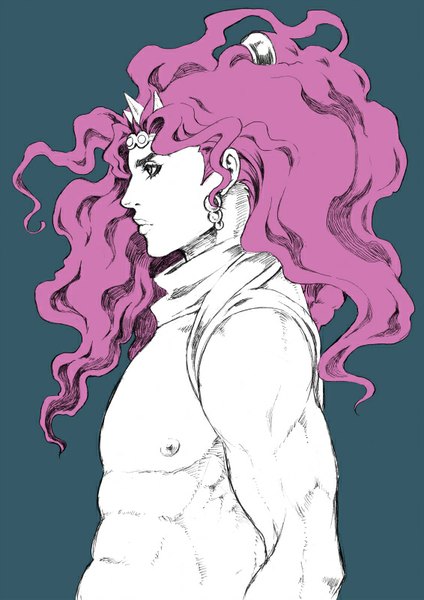 Anime picture 566x800 with jojo no kimyou na bouken cars (jojo) chounorin single long hair tall image simple background purple hair nipples upper body profile horn (horns) monochrome dark background wavy hair muscle partially colored boy hair ornament earrings