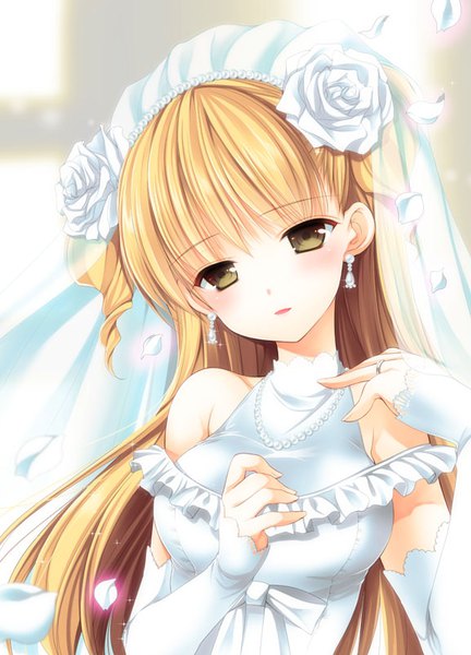 Anime picture 577x800 with white album ogata rina azuma yuki single long hair tall image blush blonde hair brown eyes parted lips hair flower depth of field girl dress flower (flowers) earrings petals rose (roses) jewelry ring