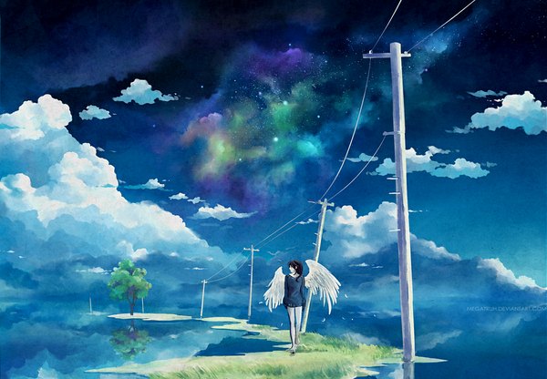 Anime picture 1125x780 with original megatruh single long hair black hair looking away sky cloud (clouds) reflection angel wings girl plant (plants) wings tree (trees) water star (stars) feather (feathers) grass wire (wires) power lines