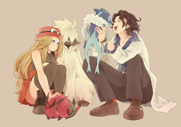 Anime picture 1200x840 with pokemon pokemon xy nintendo serena (pokemon) venipede furfrou frogadier augustine sycamore komasawa (fmn-ppp) long hair short hair open mouth blue eyes simple background blonde hair brown hair bare shoulders eyes closed squat brown background