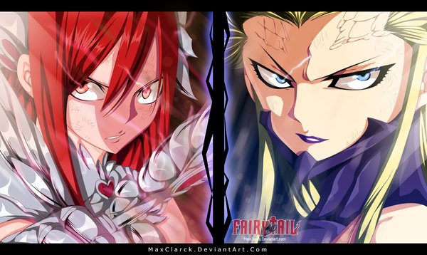 Anime picture 3000x1794 with fairy tail erza scarlet kyouka (fairy tail) getaxy long hair highres blue eyes blonde hair red eyes wide image red hair lips inscription copyright name lipstick coloring glowing light glowing eye (eyes) manga
