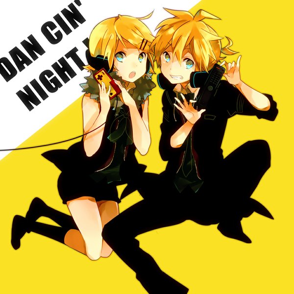 Anime picture 1000x1000 with vocaloid nintendo kagamine rin kagamine len non (hey you!) looking at viewer short hair open mouth blonde hair smile sitting holding aqua eyes inscription open clothes open jacket couple twins brother and sister girl