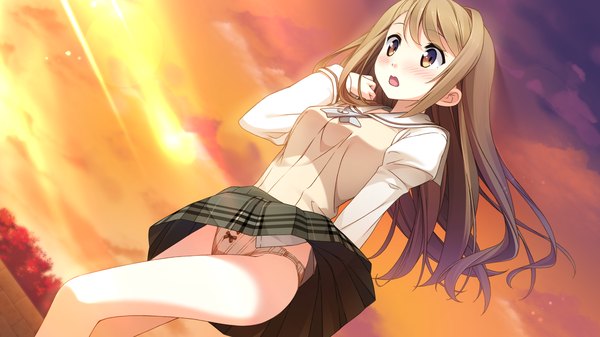Anime picture 1920x1080 with your diary kantoku single long hair blush highres open mouth light erotic brown hair wide image brown eyes game cg wind skirt lift girl skirt uniform underwear panties school uniform