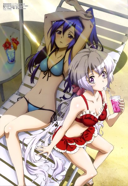 Anime picture 4083x5931 with senki zesshou symphogear megami magazine satelight yukine chris kazanari tsubasa long hair tall image blush highres light erotic sitting purple eyes multiple girls brown eyes blue hair absurdres white hair official art girl 2 girls