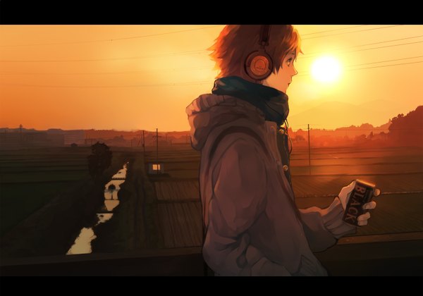 Anime picture 1500x1050 with persona 4 persona hanamura yousuke ayaka0415 single short hair brown hair profile evening sunset landscape hand in pocket field boy water jacket headphones drink sun
