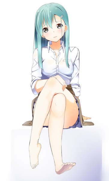 Anime picture 2584x4272 with kantai collection suzuya heavy cruiser byte (allbyte) single long hair tall image blush highres simple background white background sitting brown eyes pleated skirt barefoot green hair bare legs crossed legs girl skirt hair ornament