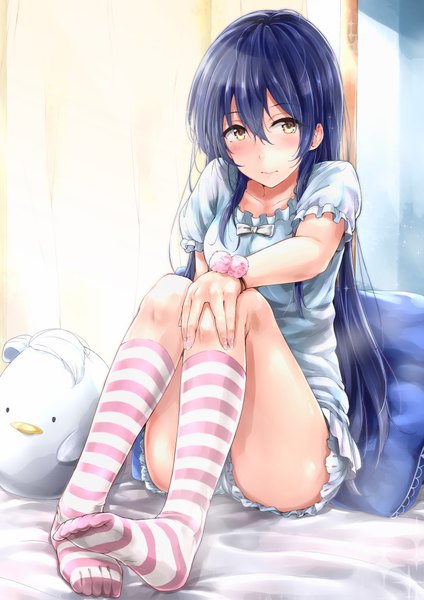 Anime picture 2893x4092 with love live! school idol project sunrise (studio) love live! sonoda umi napo8593 single long hair tall image looking at viewer blush fringe highres breasts light erotic sitting yellow eyes blue hair full body indoors nail polish