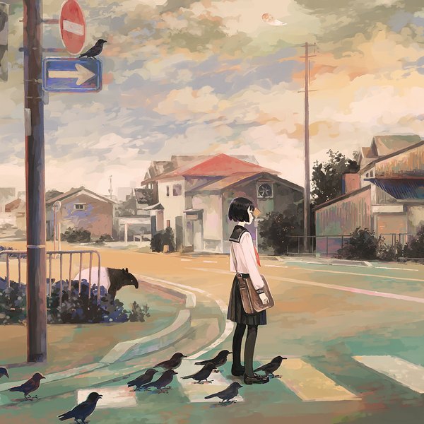 Anime picture 945x945 with original jun single fringe short hair black hair standing sky cloud (clouds) pleated skirt wind pale skin crosswalk waiting girl skirt uniform plant (plants) animal pantyhose