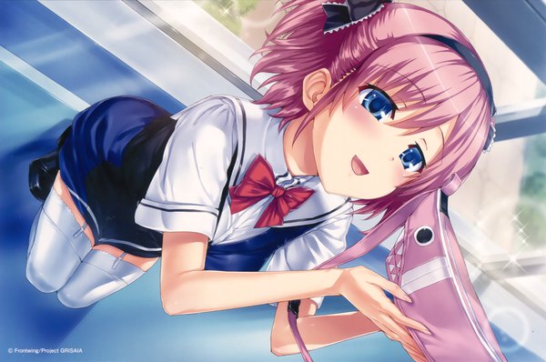 Anime picture 2132x1415 with grisaia no kajitsu komine sachi hisashi (nekoman) single blush fringe highres short hair open mouth blue eyes hair between eyes twintails pink hair full body from above scan dutch angle short twintails girl thighhighs