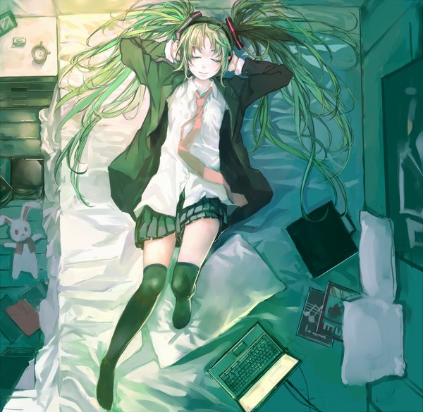 Anime picture 2000x1952 with vocaloid hatsune miku zrero single long hair highres smile twintails lying eyes closed aqua hair girl thighhighs uniform black thighhighs school uniform necktie headphones pillow bed