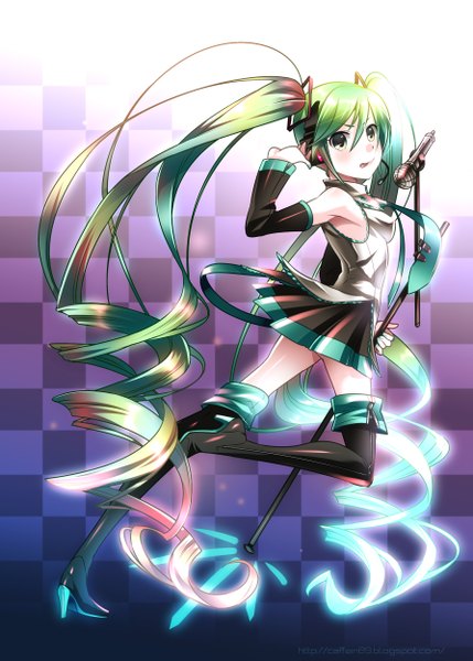 Anime picture 1787x2500 with vocaloid hatsune miku caffein single long hair tall image highres twintails green eyes multicolored hair drill hair checkered background girl skirt detached sleeves miniskirt necktie thigh boots microphone microphone stand