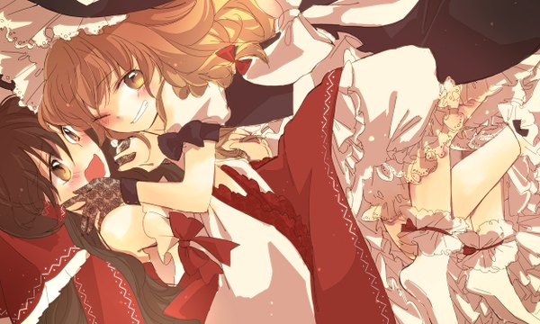 Anime picture 1250x750 with touhou hakurei reimu kirisame marisa yonu (yonurime) long hair looking at viewer blush open mouth blonde hair brown hair wide image bare shoulders multiple girls yellow eyes one eye closed wink no shoes girl gloves bow