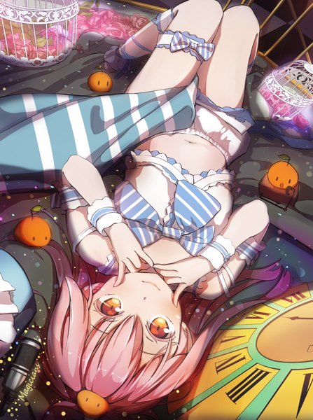 Anime picture 3500x4697 with original magicians (zhkahogigzkh) long hair tall image looking at viewer fringe highres smile signed pink hair absurdres bent knee (knees) lying from above bare belly bare legs orange eyes fingersmile girl navel
