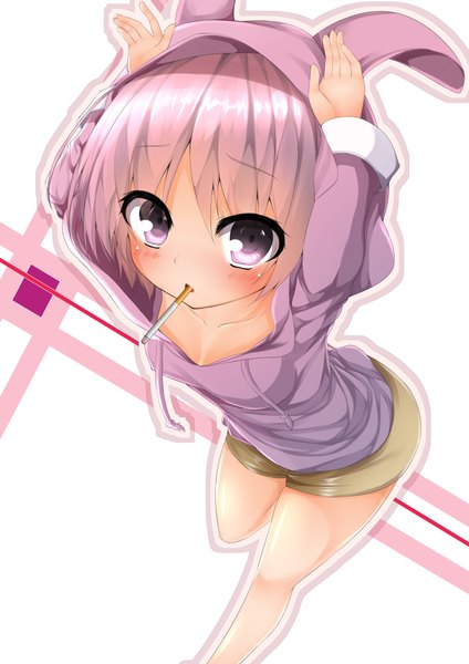 Anime picture 2893x4092 with to aru majutsu no index j.c. staff tsukuyomi komoe nagawasa haruto single tall image looking at viewer blush highres short hair purple eyes pink hair bent knee (knees) smoking bunny pose girl shorts hood hoodie cigarette