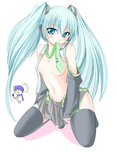 Anime picture 1000x1294 with vocaloid hatsune miku kirihane (artist) long hair tall image looking at viewer blush blue eyes simple background white background twintails blue hair zettai ryouiki mouth hold girl thighhighs navel black thighhighs detached sleeves miniskirt