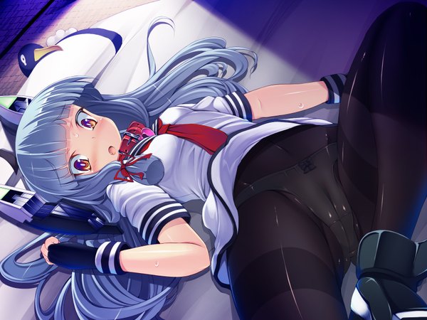 Anime picture 1600x1200 with kantai collection murakumo destroyer torisan single long hair blush open mouth light erotic brown eyes blue hair tress ribbon girl gloves hair ornament underwear panties ribbon (ribbons) hair ribbon pantyhose shoes