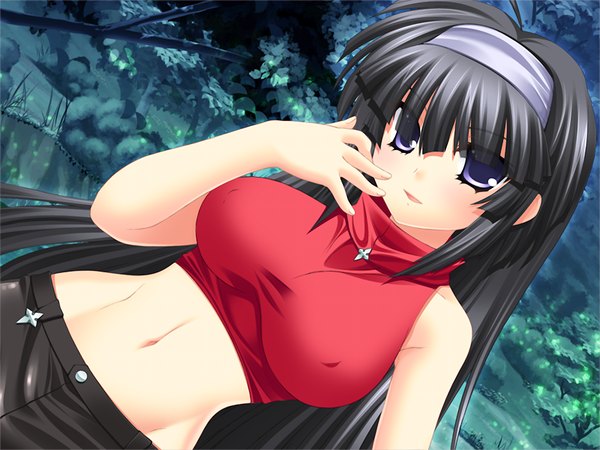Anime picture 1024x768 with green strawberry long hair breasts light erotic black hair large breasts purple eyes bare shoulders game cg midriff girl hairband