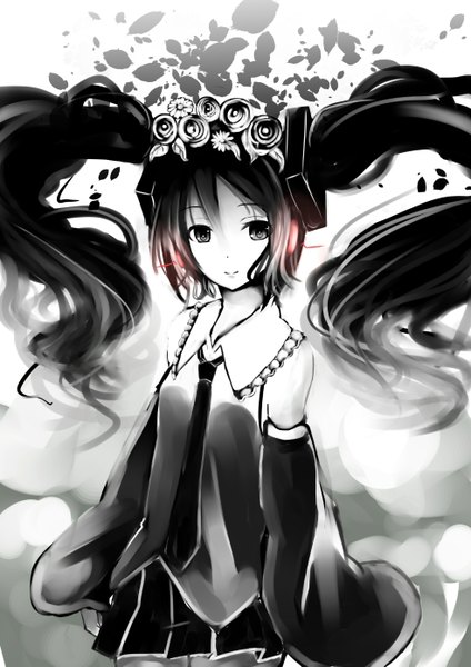Anime picture 984x1391 with vocaloid nisoku hokou (vocaloid) hatsune miku kagamine09 single long hair tall image looking at viewer fringe black hair standing twintails pleated skirt hair flower light smile wide sleeves monochrome girl skirt hair ornament